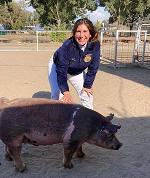 Volunteer standing next to a pig